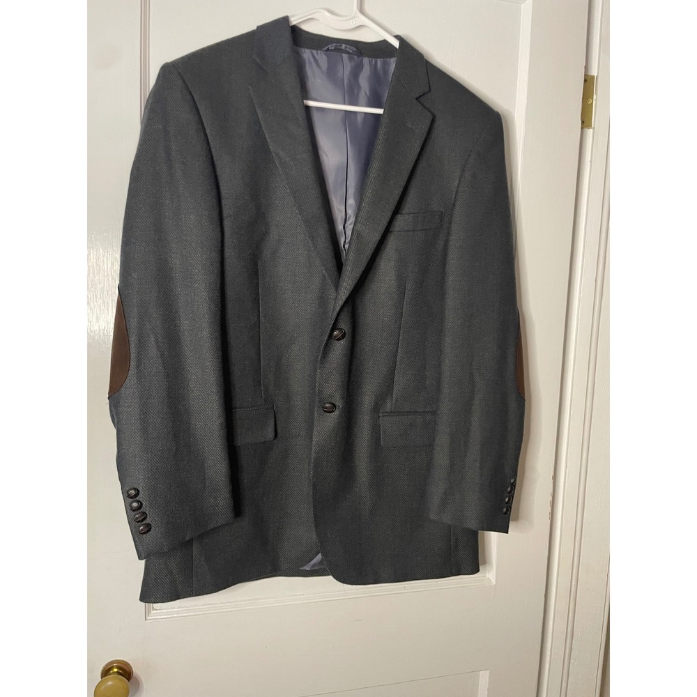 SADDLEBRED 42L Gray Wool‎ Blend Blazer Sport Coat Brown Elbow Patches Mens